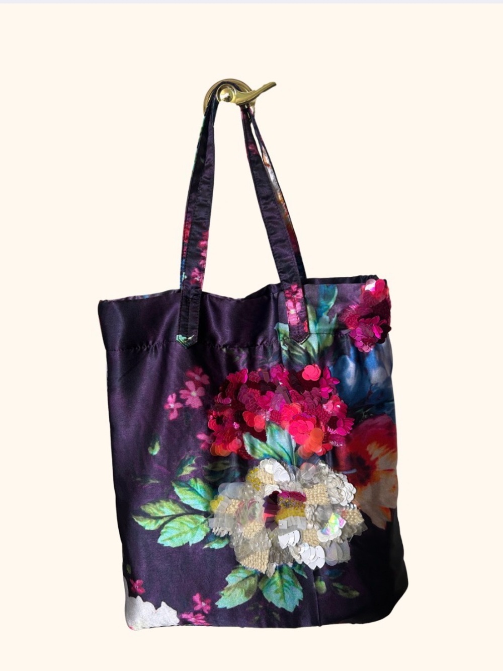 Anthropologie Floral Sequin Silk Tote Bag in Multi Color NWOT